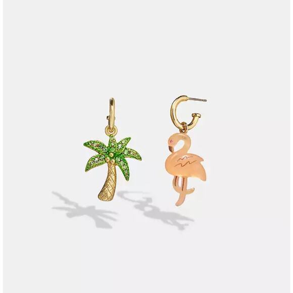 COACH TROPICAL MISMATCH EARRINGS, 1 PINK FLAMINGO & 1 PAVE PALM TREE - Picture 3 of 4